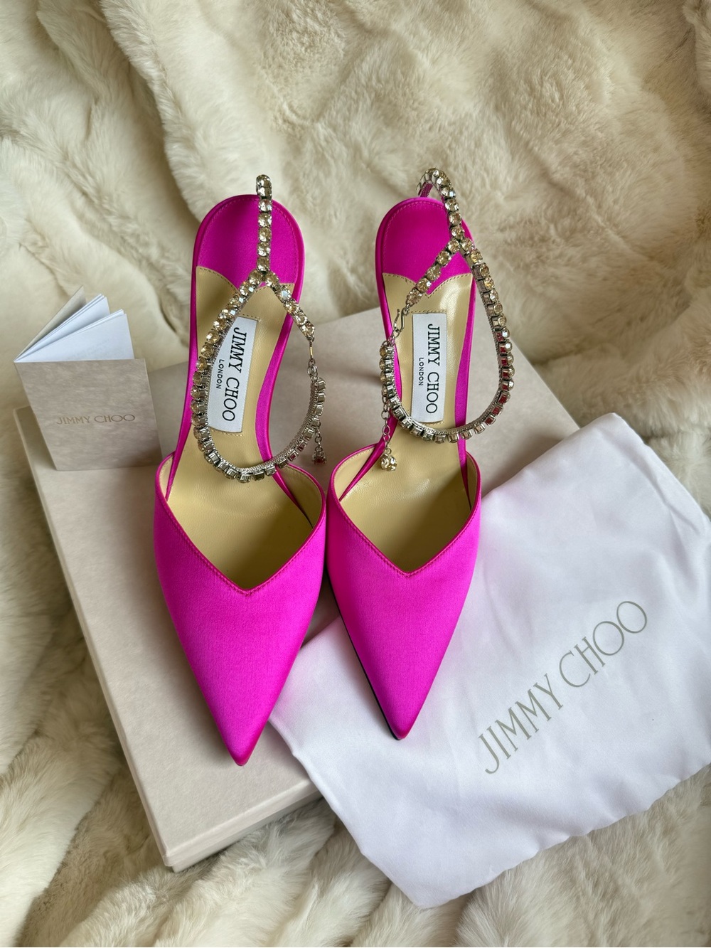 Jimmy Choo Saeda Fuchsia Satin Heels with Crystal Ankle Straps & Crystal Accents